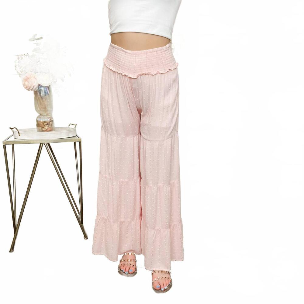 NEW OCEAN DRIVE smocked waist high-rise palazzo pants in pink